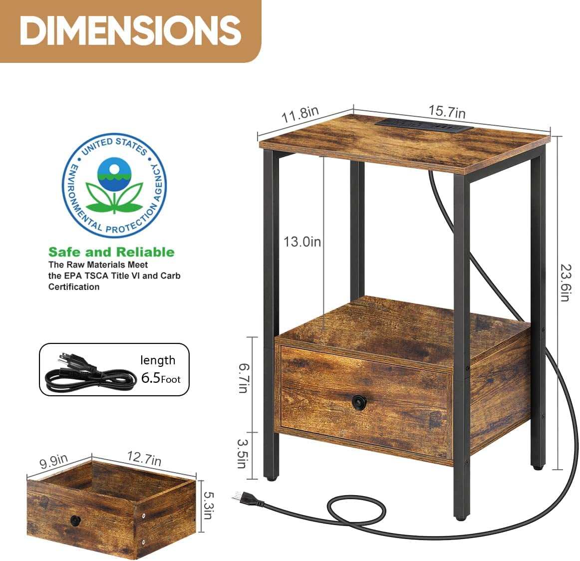 Oumilen Adult Modern Nightstand with Charging Station, Brown