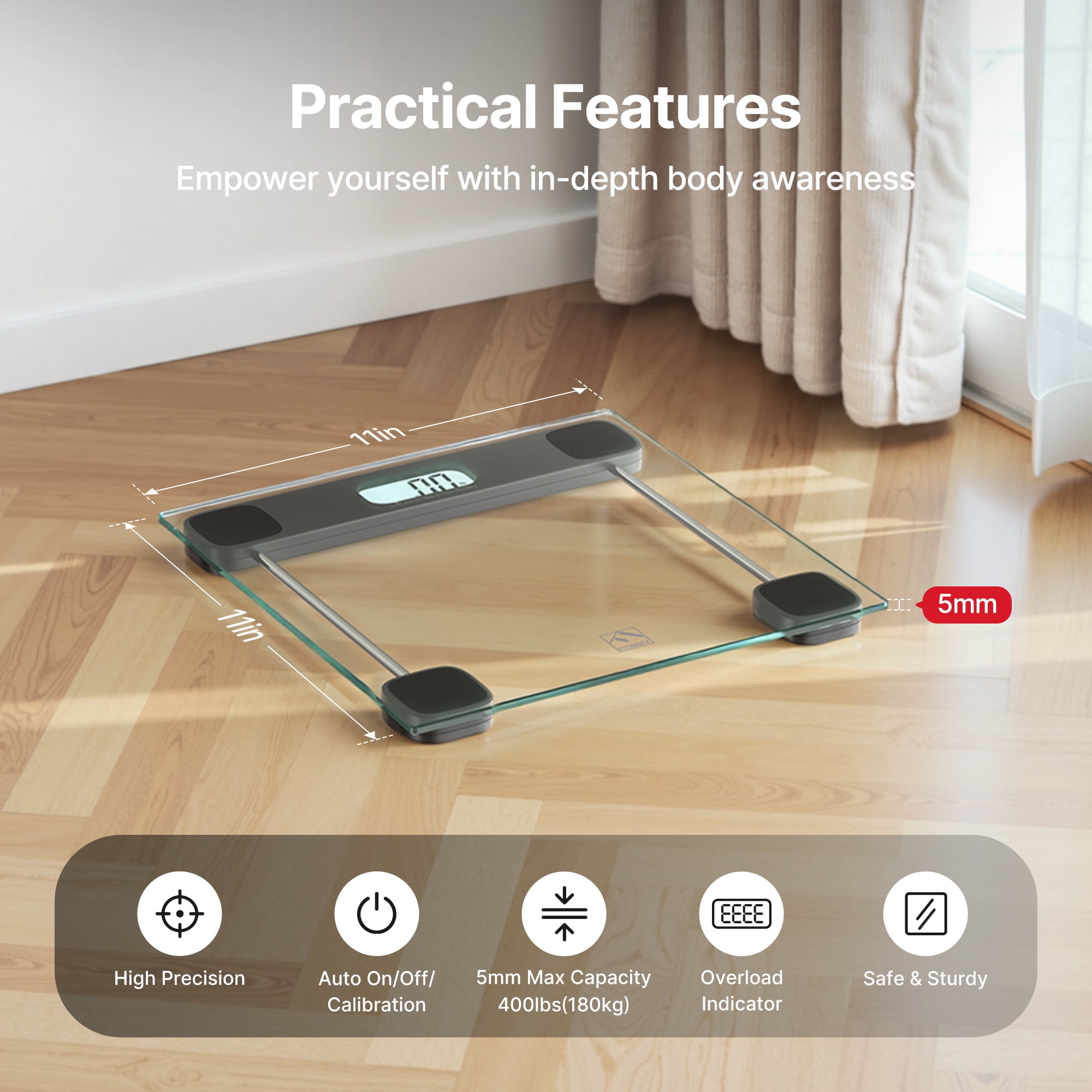 FITINDEX Scale for Body Weight, Highly Accurate Digital Weight Scale with LCD Display, Anti-Slip, Glass, 400 lb