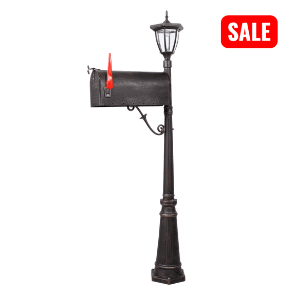 Tcbosik Mailbox with Solar Lights, Post with Mailbox, Heavy Duty Cast Aluminum Decorative Modern Mailbox for Outside, Porch, Backyard, Brown