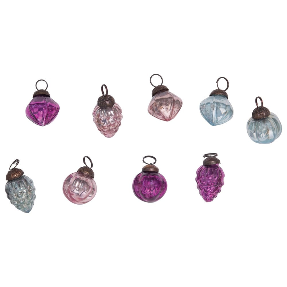 3.5 Long Vintage Mercury Glass Christmas Ornament In Pink and Blue with Hand Painted Details