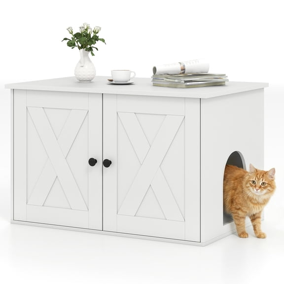 White Cat Litter Box Enclosure Furniture with Divider, Dual Doors, Washroom, Coffee Table, Side Table