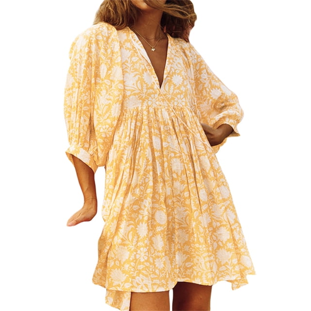Kmbangi Femmes Robes d'Été 2023 Demi-Manche Laçage Imprimé Floral Plissé en Vrac Robe de Plage Décontractée S-XL