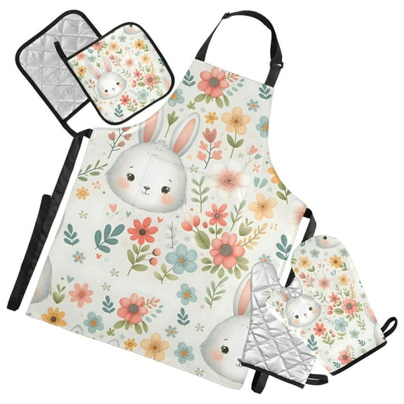 Cute Rabbit Face and Flowers 5 Pcs Kitchen Set Heat Resistant Oven Mitts and Non-Slip Pot Holders with Adjustable Cooking Apron