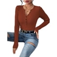 thumbnail image 3 of Women'S Long Sleeve Henley Tops Ribbed Knit Slim Fitted T Shirt Basic Tees Layer Fashion Outfits Chocolate Color S, 3 of 9