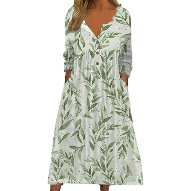 Robes pour Femmes Mode Décontractée Imprimée Col Boutonné Manches Longues avec Poches Noir L