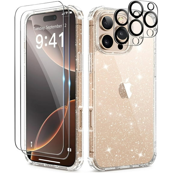 5-in-1 Entronix Bundle with Clear Glitter Case, 2 Clear Camera Lens Protector and 2 Tempered Glass Screen Protector For iPhone 16 Pro, Soft Bumper [Yellow Resistant] Sparkly Cover
