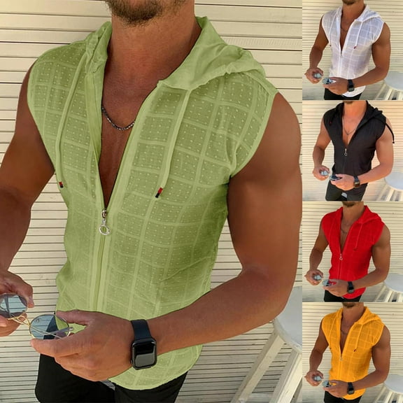 BiZtdJrK Sleeveless Hoodies for Men Casual Slim Fit Zip-Up Drawstring Hooded Workout Tank Tops Summer Casual Muscle Vest Tanks Black L