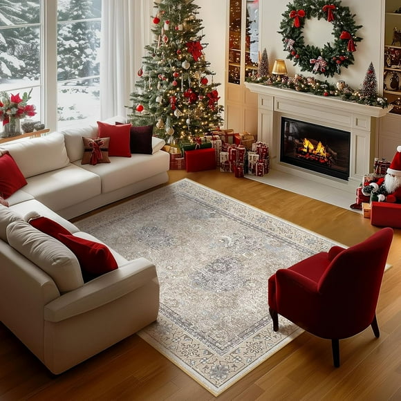 Area Vintage Boho Rugs for Living Room, Machine Washable Area Rugs with Non-Slip Backing, Indoor Rug Vintage Bohemian Area Rug Home Decor, Room Decor, 5 x 7 ft, Beige, 1 Pack