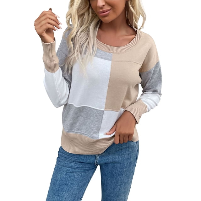 Gibobby SuéTer De Invierno Para Mujer Suéter de punto de manga larga con costuras de cuello redondo para mujer de otoño e invierno(Caqui,M)