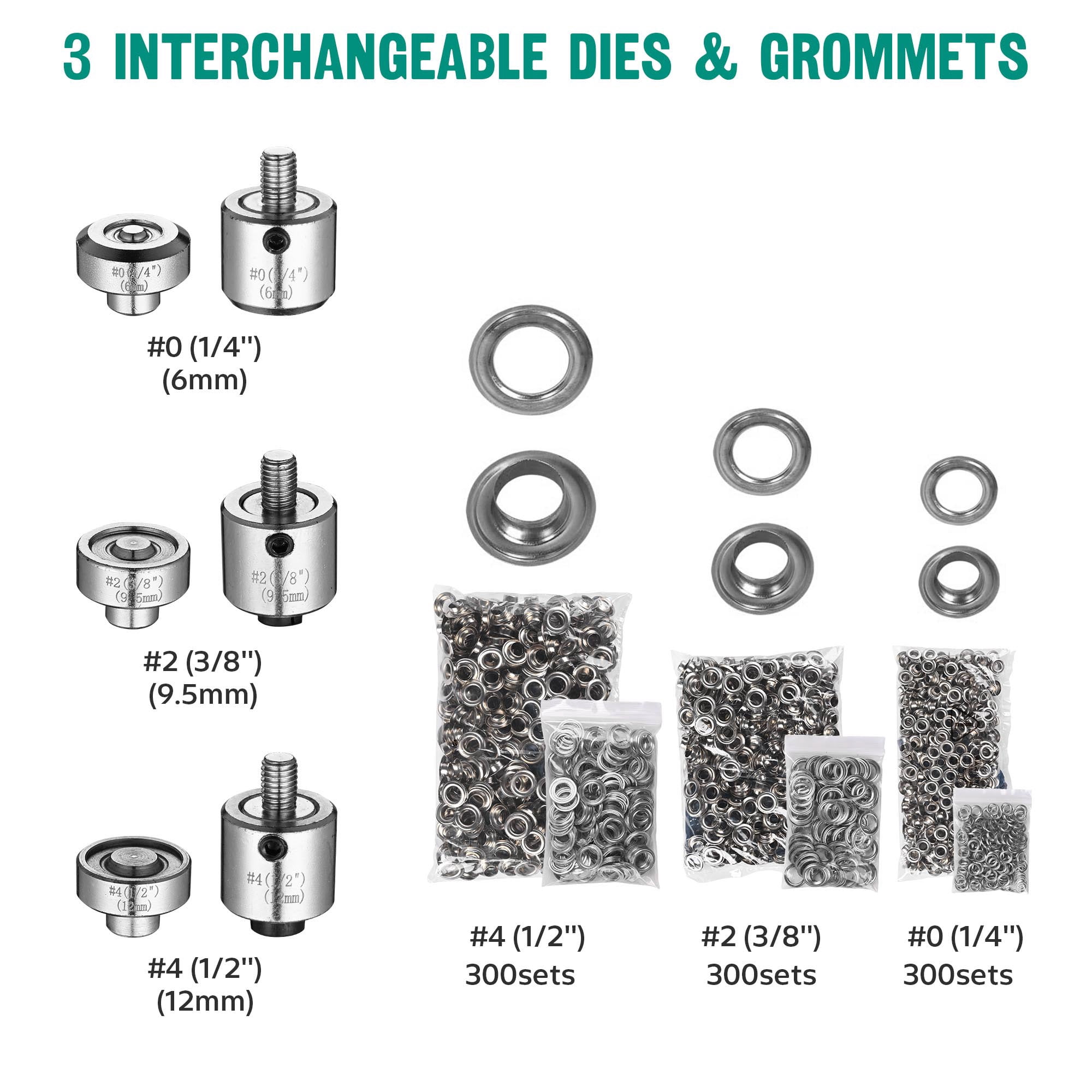 Yescom 1/4" 3/8" 1/2" Grommet Tool Kit #0 #2 #4 3-die Grommet Press Machine with 900 sets of Grommets and Washers for Fabric Canvas Tarps