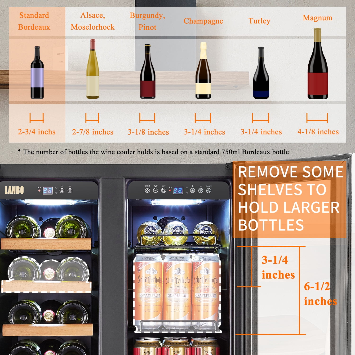 Lanbo  24 inch 18 Bottle 55 Cans Under Counter Dual Zone Wine Cooler Beverage Refrigerator