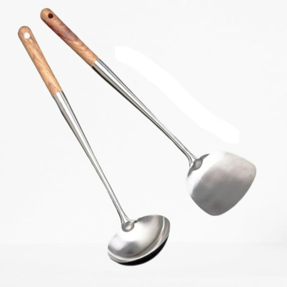 KEINXS Spoon and Spatula, Spatula and Spoon Tool Set for Wok, 2 Pcs Cooking-Serving Tool, 17 Inches Stainless Steel & Wooden Wok Utensils for Kitchen