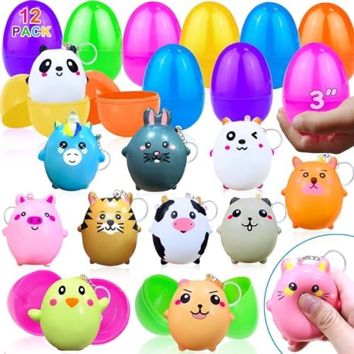 12 Pack 3" Easter Eggs Filled Animal Squeeze Toys, Easter Basket Stuffers Fillers Surprise Easter Eggs Hunt Easter Party Favor Girls Boys Kids, Bunny Slow Rising Stress Relief Fidget Easter Toys