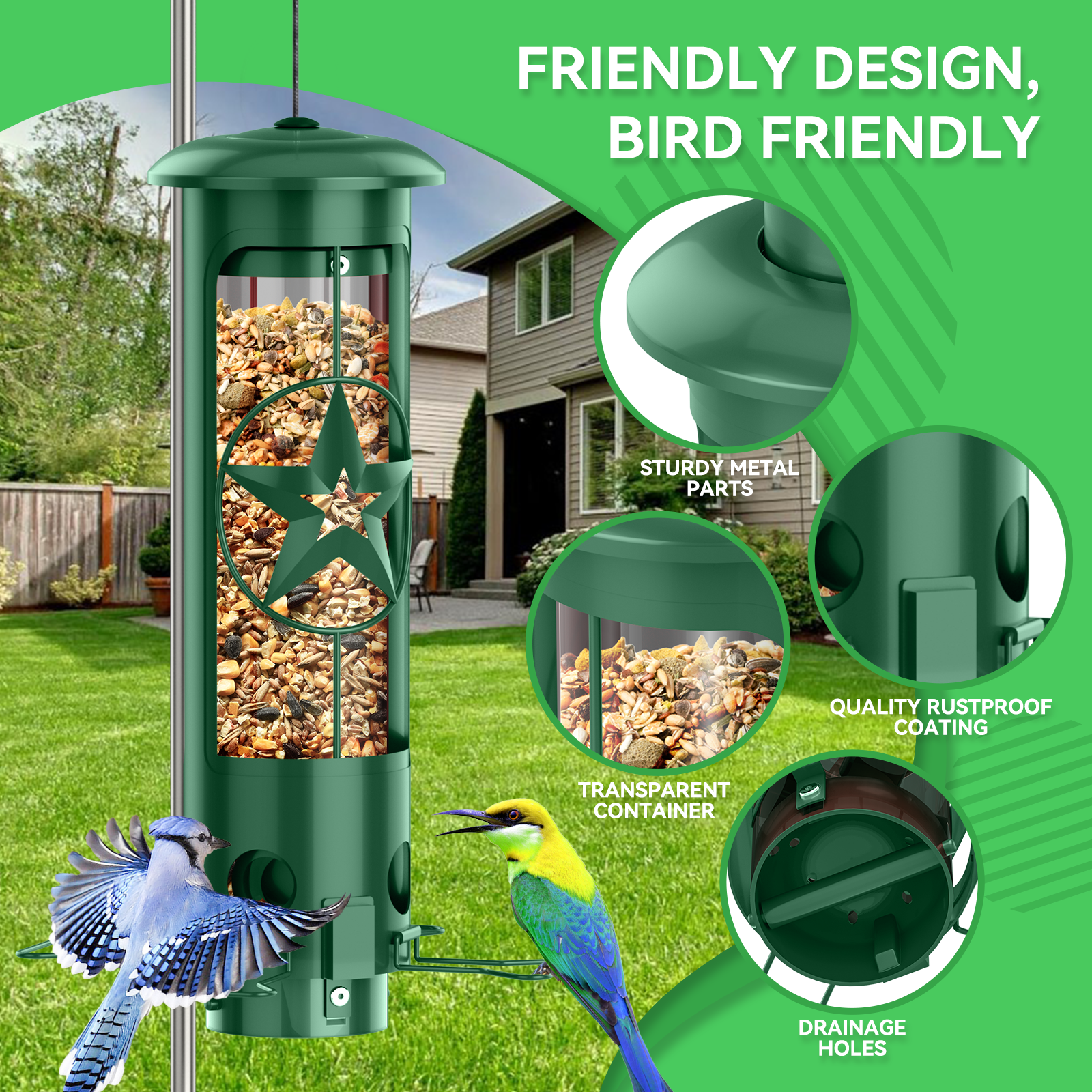 Squirrel Proof Bird Feeders for Outdoors Hanging, Metal Squirrel Proof Bird Feeder with Gravity Protection, 3LB Large Capacity Wild Bird Feeders for Outside Finch, Cardinal, Blue Jay