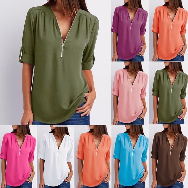Économies du Printemps! CEHVOM Blouse en Chiffon à Col en V pour Femme, Tunique à Demi-Glissière, Chemisiers d'Été pour Femmes Chic Décontracté, Hauts à Manches 3/4 Roulables, Blouse Zippée Ample pour le Travail Décontracté pour Femme