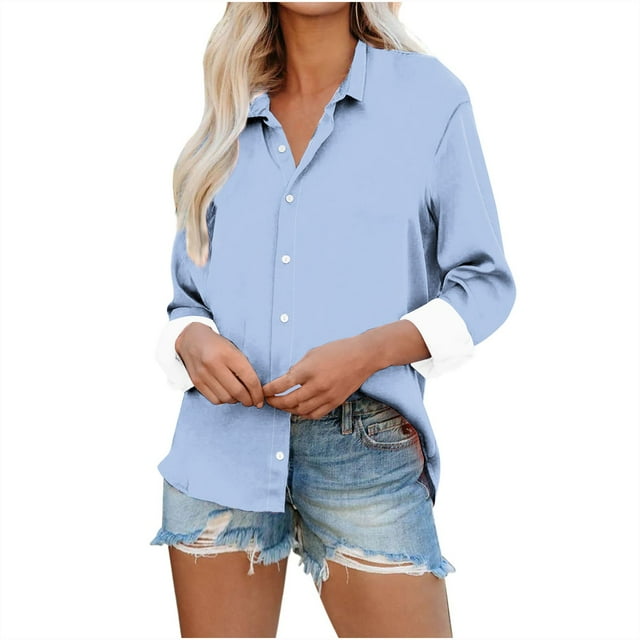 Yuyuzo Button down Shirts for Women Drop Shoulder Blouse Long Sleeve Oversized Shirt Work Office Solid Color Tops
