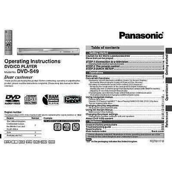 Instruction Manual ONLY for Panasonic DVD-S49 DVD Player Owners Instruction Manual REPRINT