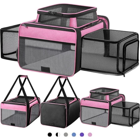 Top and 2 Sides Expandable Pet Carrier 17x11x9.5 TSA Airline Approved Small Dog Carriers for Small Dogs Soft-Sided Cat Carrier with Self-Locking Zippers for Kitten Rabbit Puppy Guinea Pig Pink