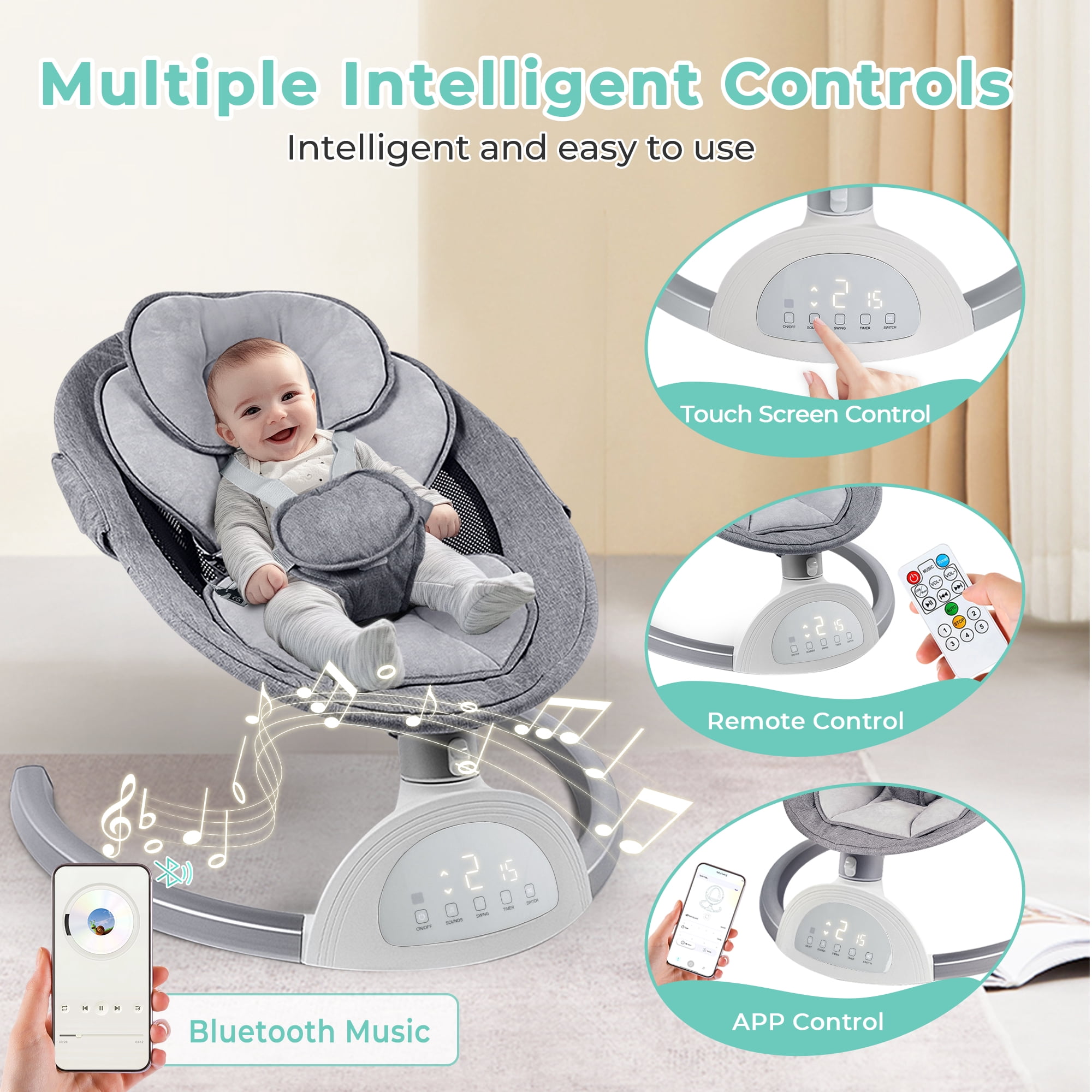 Baby Swing for Infant, HDJ Portable Electric Baby Swing with Music Playing, Touch Screen, Remote Bluetooth Control, Grey