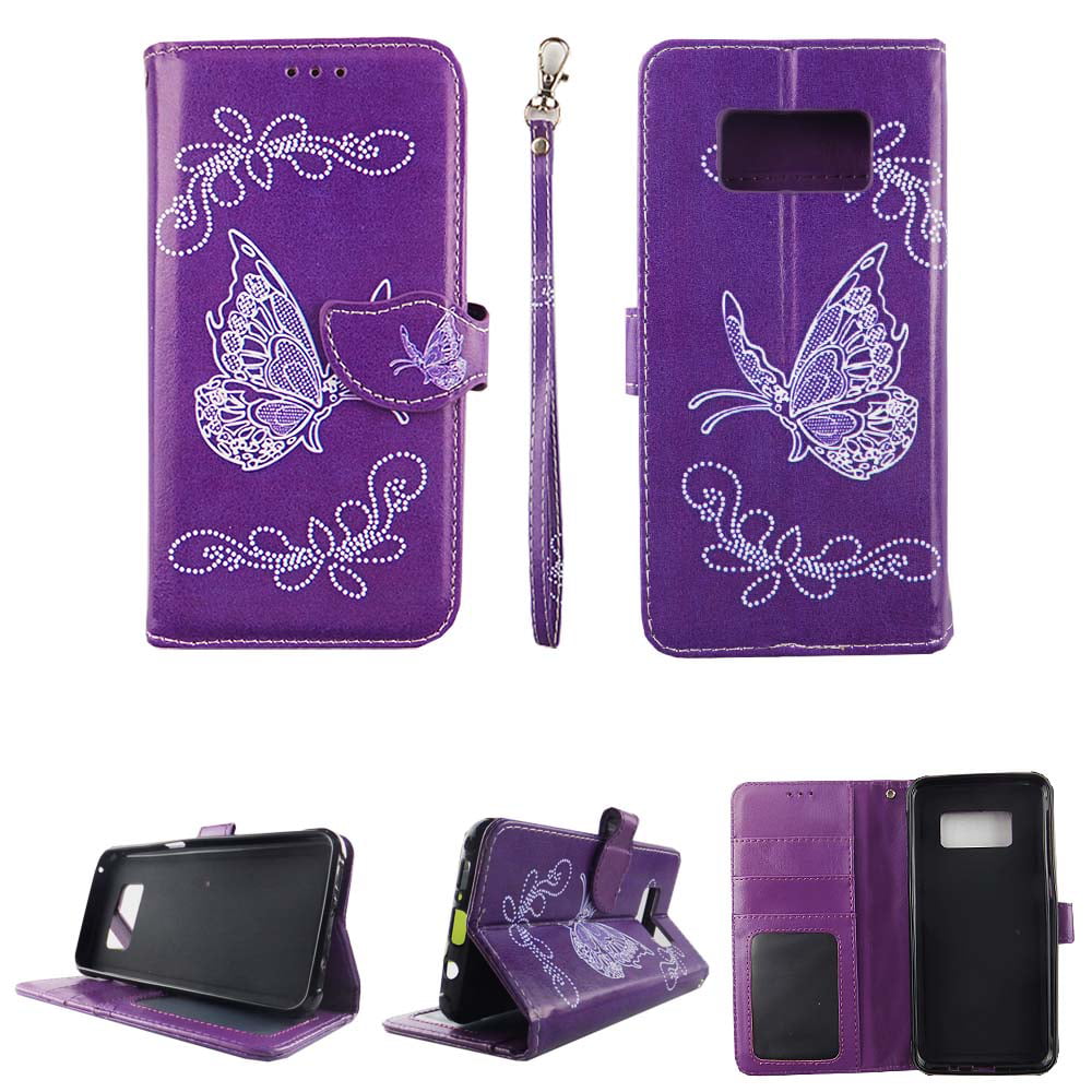 Butterfly Pattern Leather Flip Wallet Cover Protective Cases for Samsung Galaxy S8 iDoer S8 Case Purple 