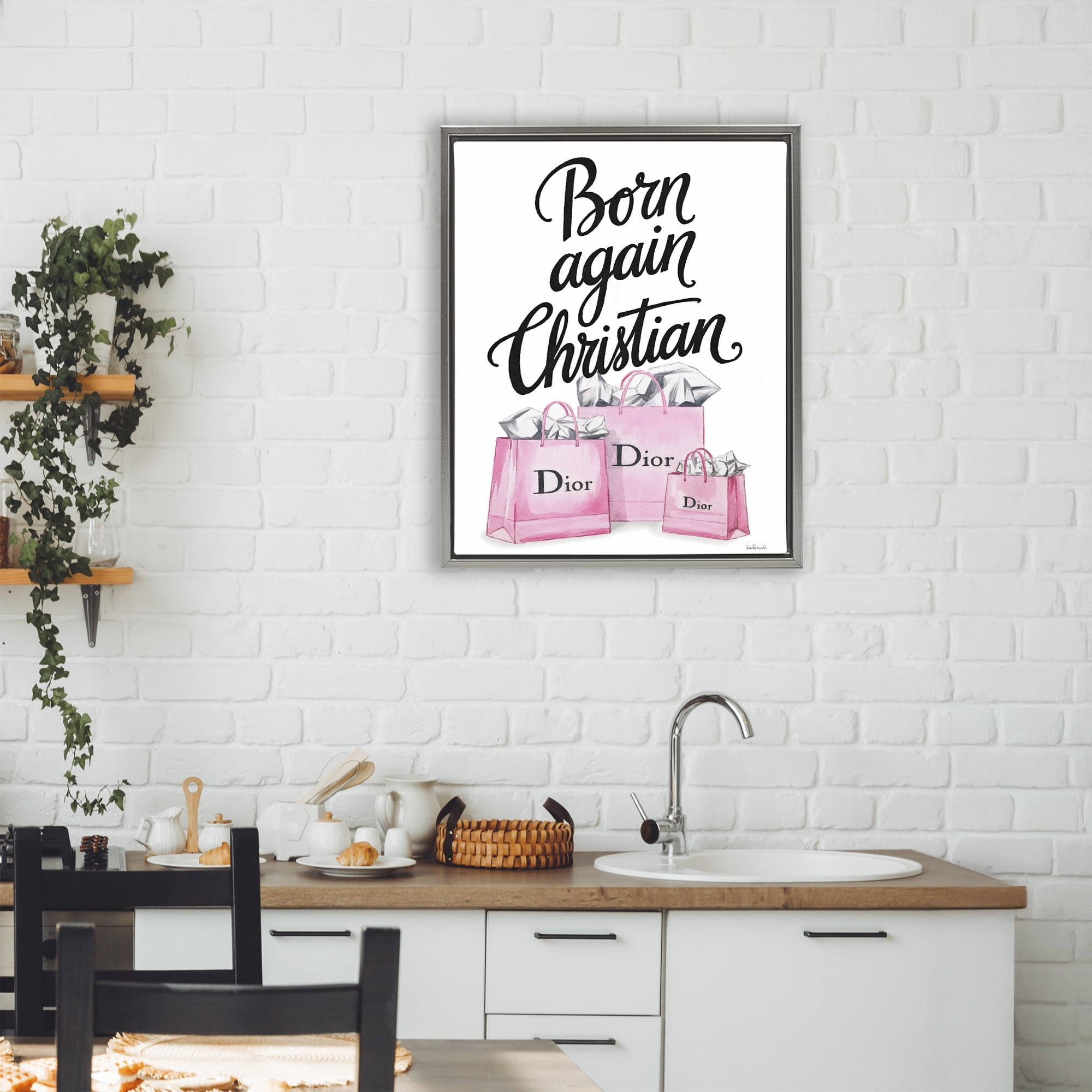 Pink Bags Born Again Christian Gray Framed Floater Canvas Wall Art, design by Amanda Greenwood