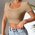 thumbnail image 5 of ShomPort Short Tops for Women Summer Slim Round Neck Short Sleeve T-Shirt Solid Color Workout Tees, 5 of 7