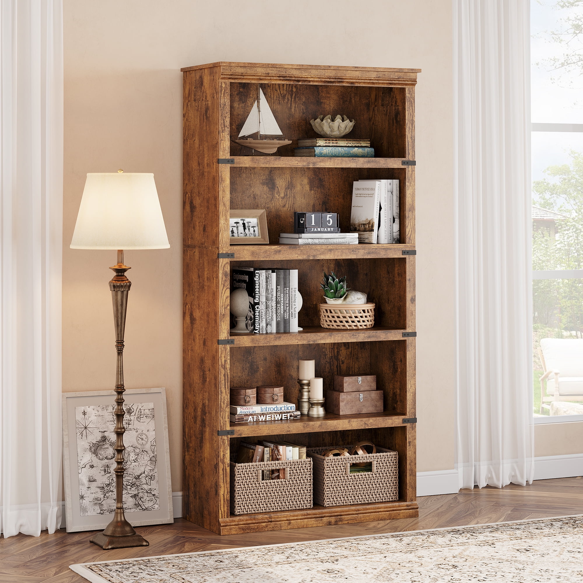 Aoile 5 Tier Farmhouse Bookshelf, 12.7" x 31.4" x 67.4" Heavy Duty Freestanding Bookcase, Bookshelves with Storage Open Display for Home Office, Living Room, Bed Room, Bathroom, Vintage