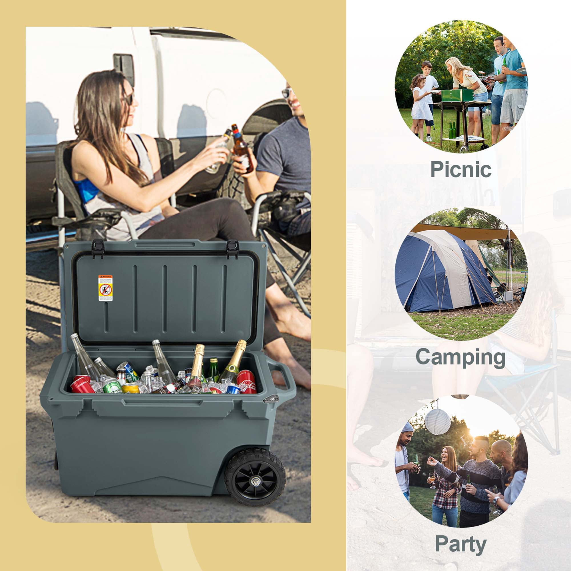 Costway 75 Qt Portable Cooler Roto Molded Ice Chest Insulated 5-7 Days with wheels Handle Charcoal