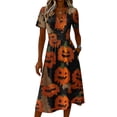 thumbnail image 4 of Halloween Dresses for Women Skeleton V Neck Bat Fall Wedding Guest Dress Ghost Short Sleeve Funny Wrap Dresses M, 4 of 5