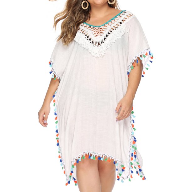 Plus Size XL3XL Swimsuit Cover Ups Womens Sexy Bathing Suit Cover Up Crochet Hollow Out V Neck