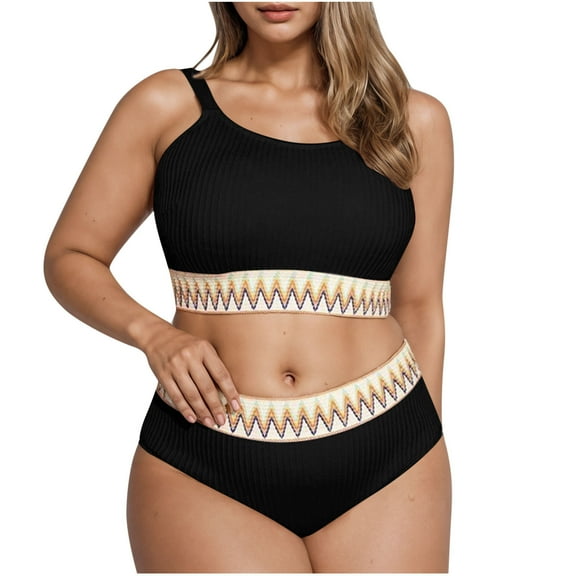 Busydd Swim Suits for Women Plus Size XL-4XL 2 Piece High Waisted Bikini Set Round Neck Bathing Suit Trendy Adjustable Straps Swimsuits with Briefs