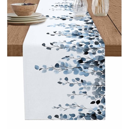 Blue Eucalyptus Leaves Table Runner 72 Inches Summer Farmhouse Botanical Bed Runner Dresser Scarves Tabletop for Indoor Outdoor Parties/Ceremony/Banquet 14 x 72
