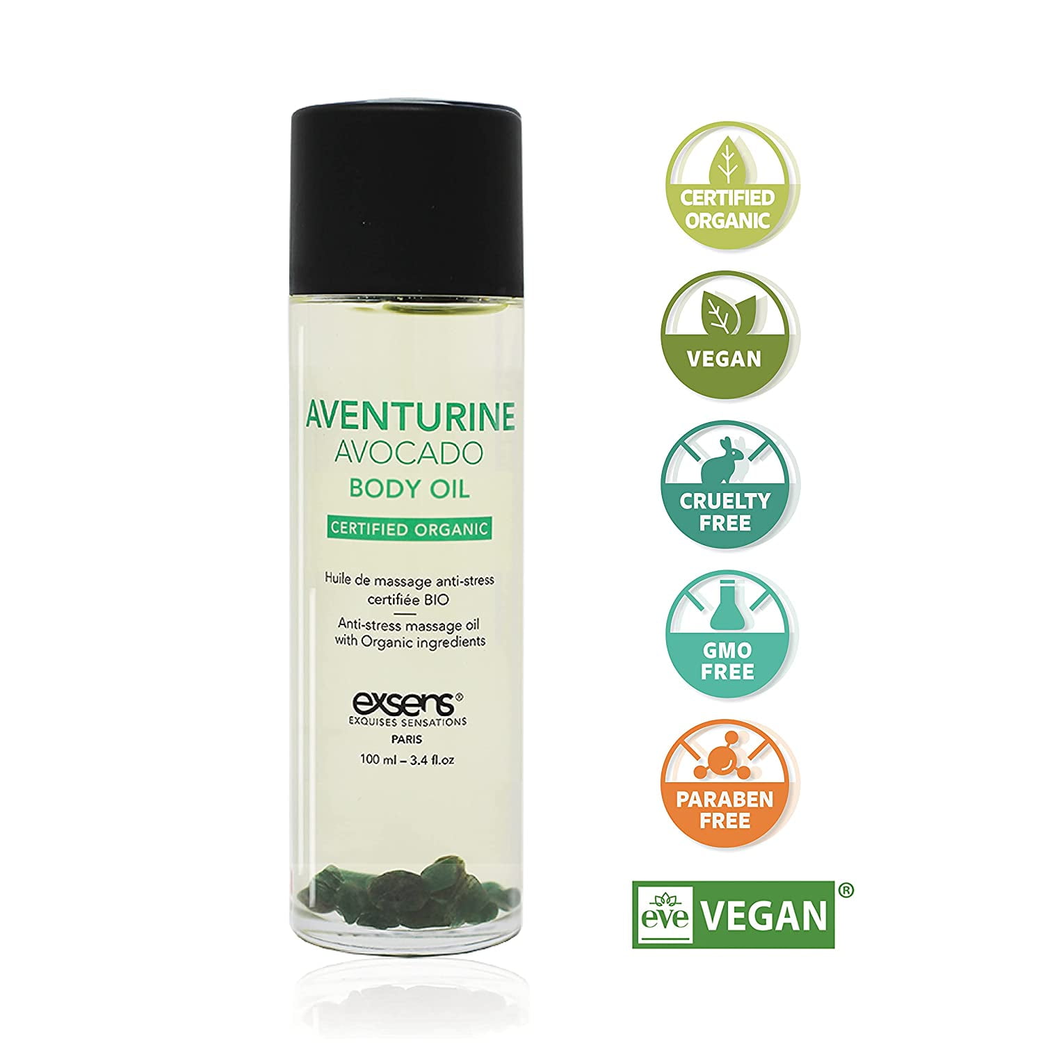 Exsens Avocado Aventurine Crystal Infused Body Oil, Moisturizer for Skin & Hair, Certified Vegan, Easily Absorbed Organic Body Oil, Natural Fragrance, 100ml (3.4 fl.oz), 1 Count