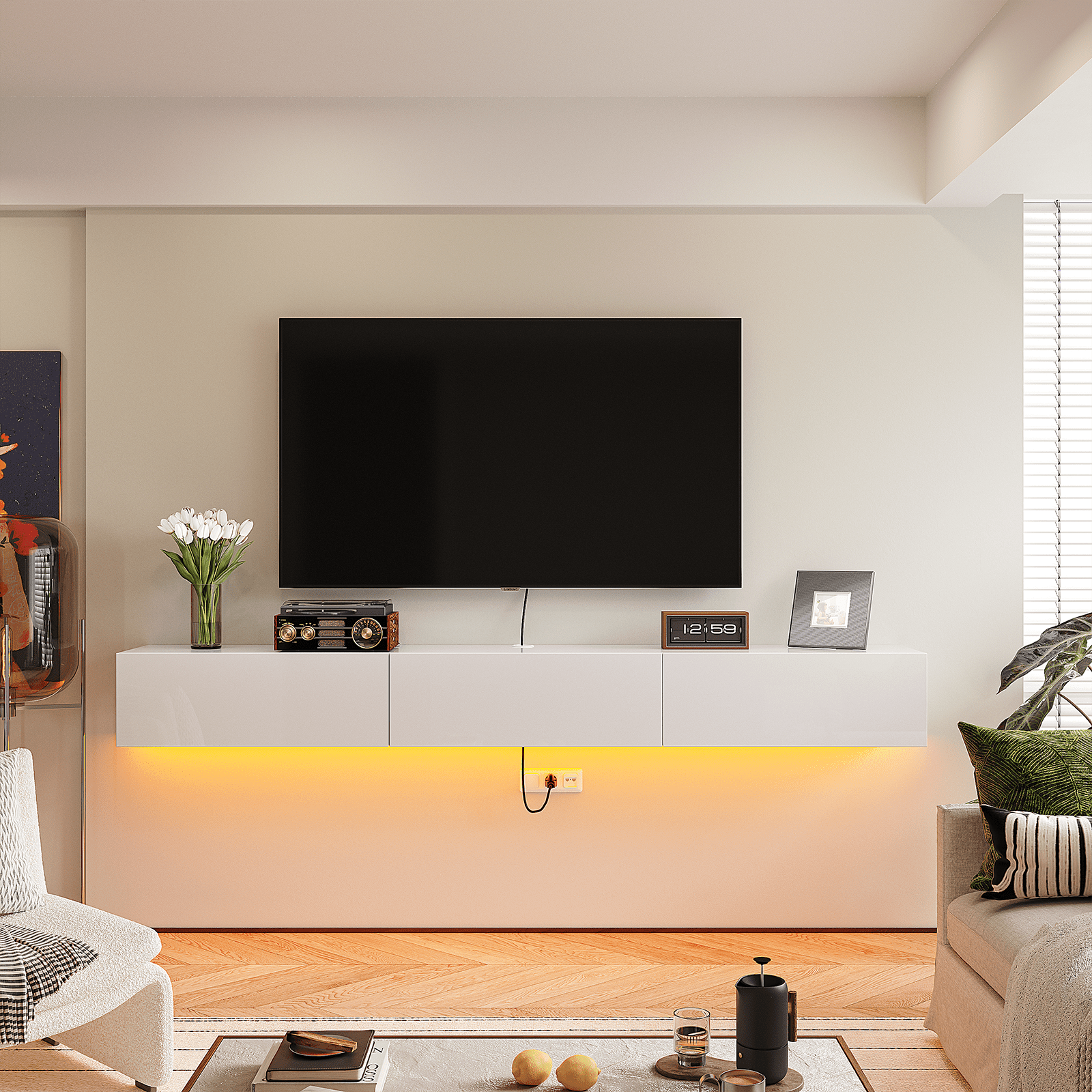 FloatiCasa 78-Inch High Gloss Floating TV Stand with 3 Doors Wall-Mounted Entertainment Center for TVs up to 78"