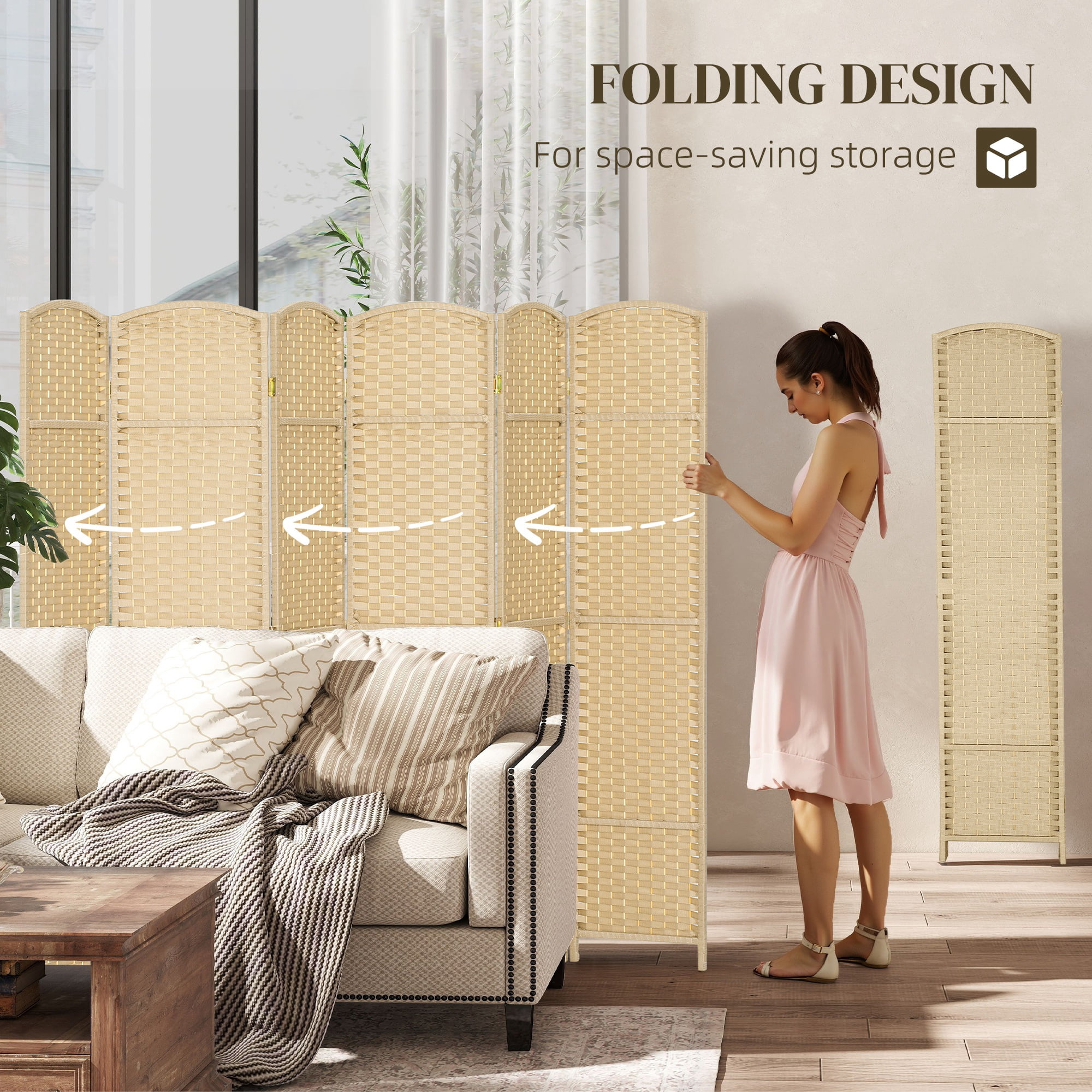 HOMCOM 6 Panel Room Divider Freestanding Folding Privacy Screen, Beige