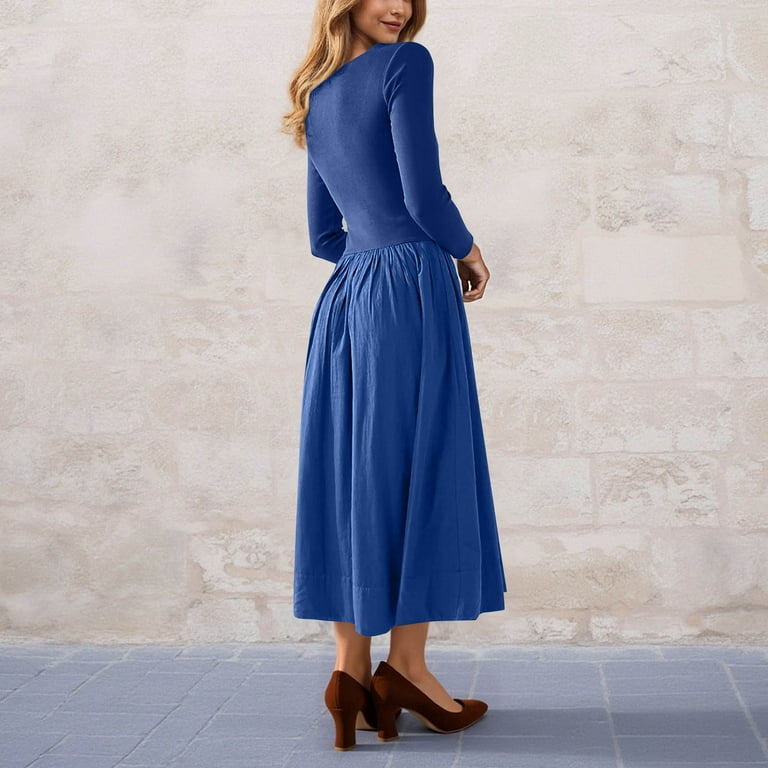 midi dress for women puff sleeve Everly Puff Sleeve Midi Dress-Blue