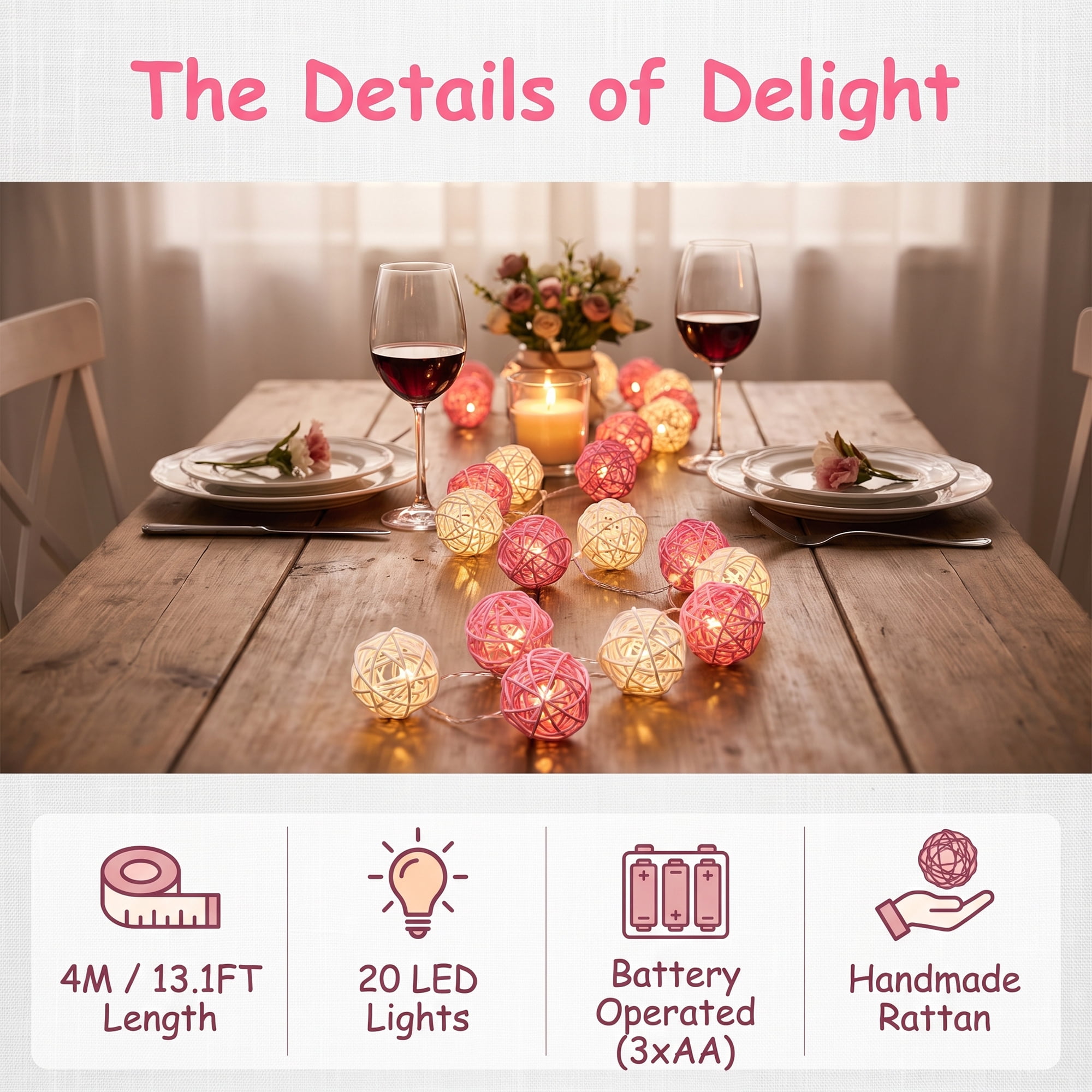 Unique Bargains Twinkle Lights for Home with Flexible Design 13.1 ft Pink Battery Operated