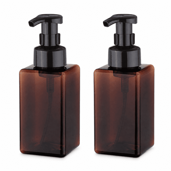 2 Pack 450ml Amber Refillable Foaming Soap Pump Bottle, Plastic Dispenser for Soap Shampoo Body Wash, Reusable & Easy to Clean