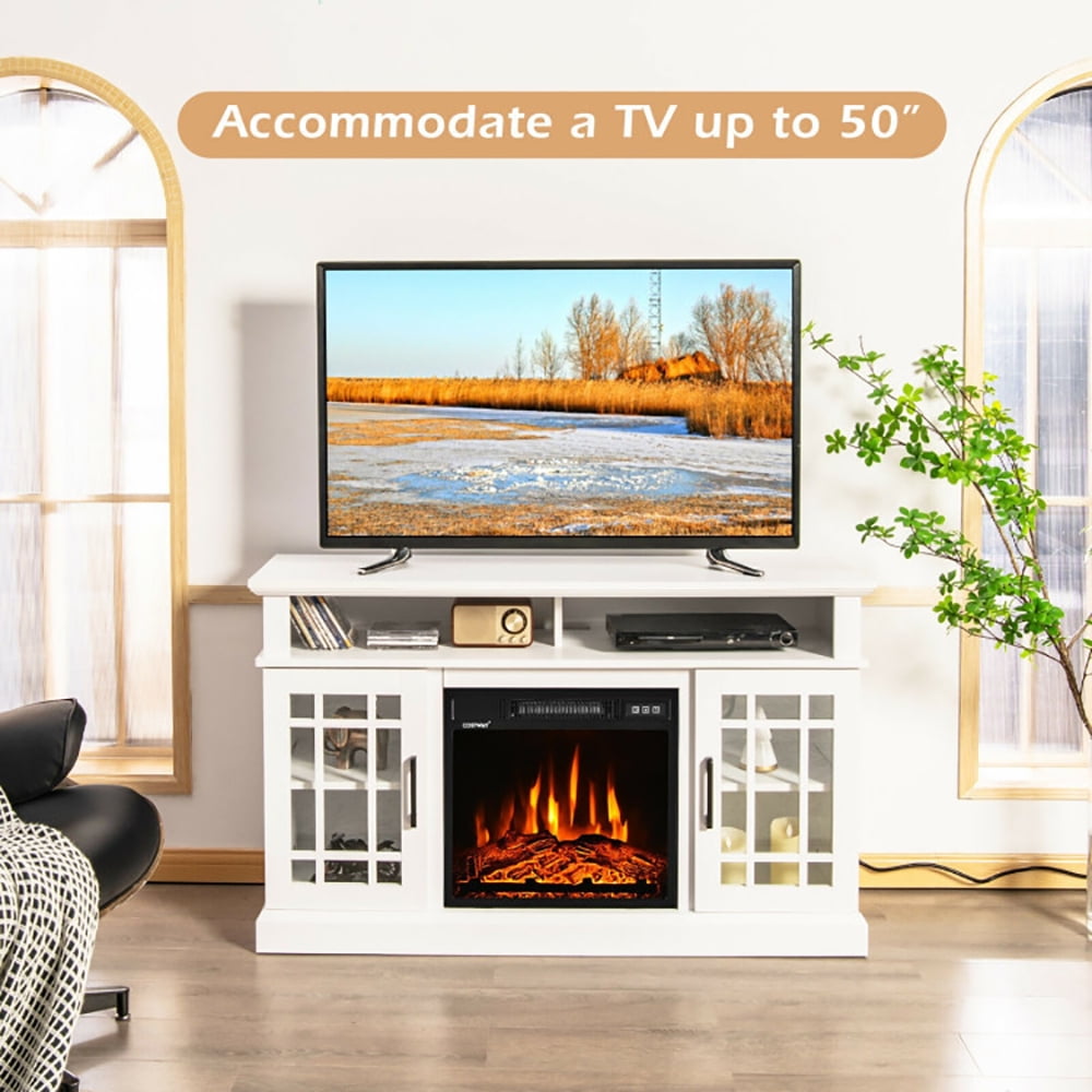 Finihen TV Stand, TV Cabinet, 48 Inch Electric Fireplace TV Stand with Cabinets for TVs Up to 55 Inch, for Living Room, Bedroom, White