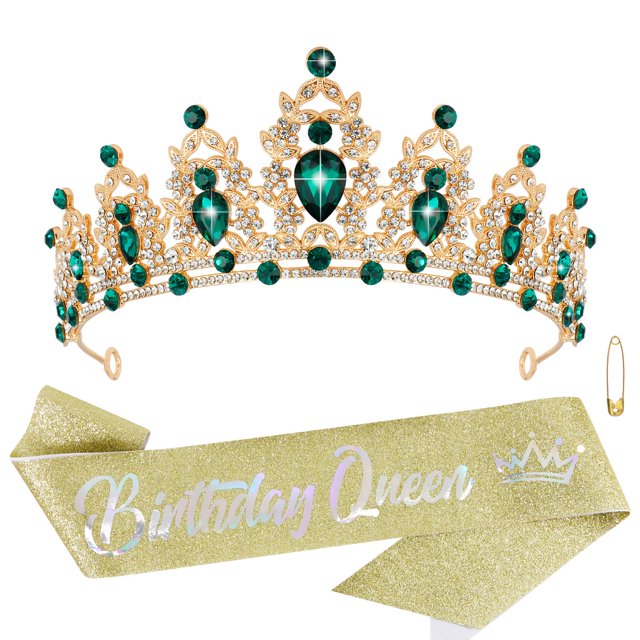 Tiara Atoden Green con forma de corona de cumpleaños y banda de reina para niñas