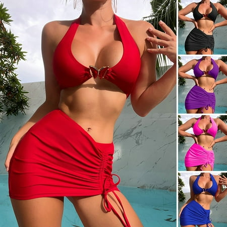 Guiexla 3Pcs/Set Butterflies Connection Ring Backless Drawstring Bikini Skirt Set Halter Bra High Waist Briefs Skirt Set Beachwear