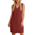 thumbnail image 4 of Ohufall Womens Cotton Linen Dress Sleeveless Button V-Neck Dress with Pockets Casual Summer Vacation Mini Dress, 4 of 4
