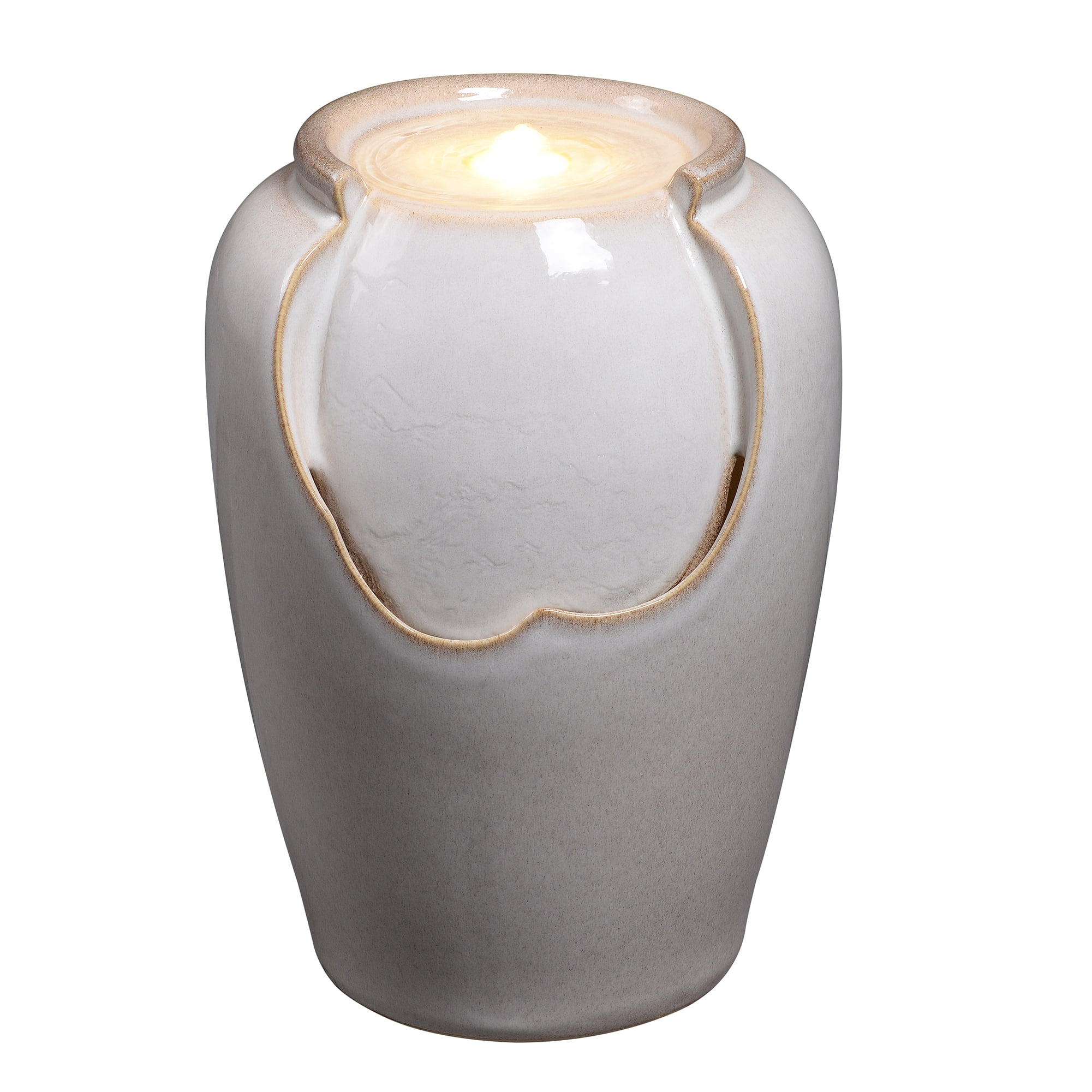 Ivory Ceramic Ripple Top Fountain, Decorative Water Fountain with LED Lights and Quiet Pump, Indoor Outdoor Water Feature for Patio, Garden, Deck, Balcony, Office and Home Décor