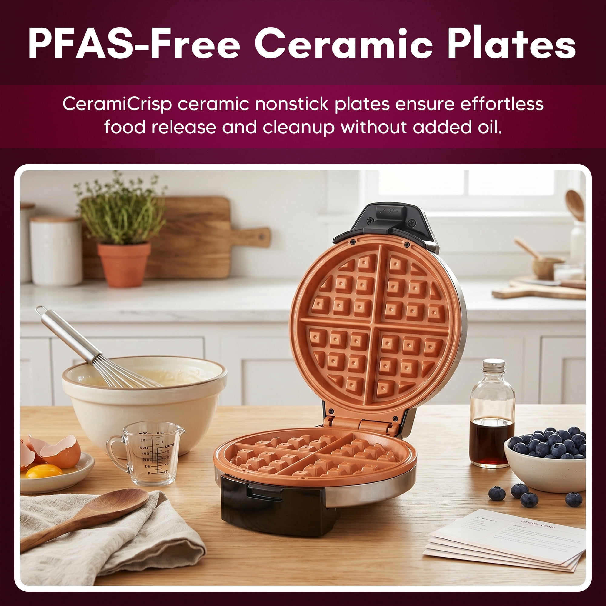 Elite Cuisine EWML0062 Belgian Waffle Maker With PFAS-Free CeramiCrisp Ceramic Nonstick Plates