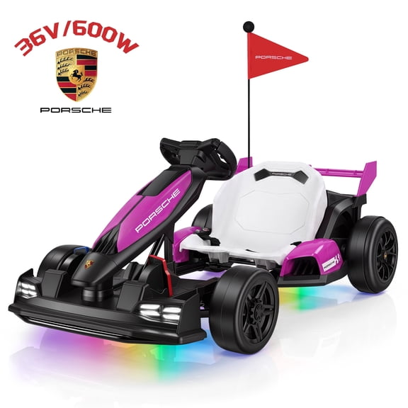 Licensed Porsche 36V Electric Go Kart for Kids,600W Drift Ride on Toys Ages 6-12, Adjustable Seat,LED Lights, 2 Speed Mode, Pink