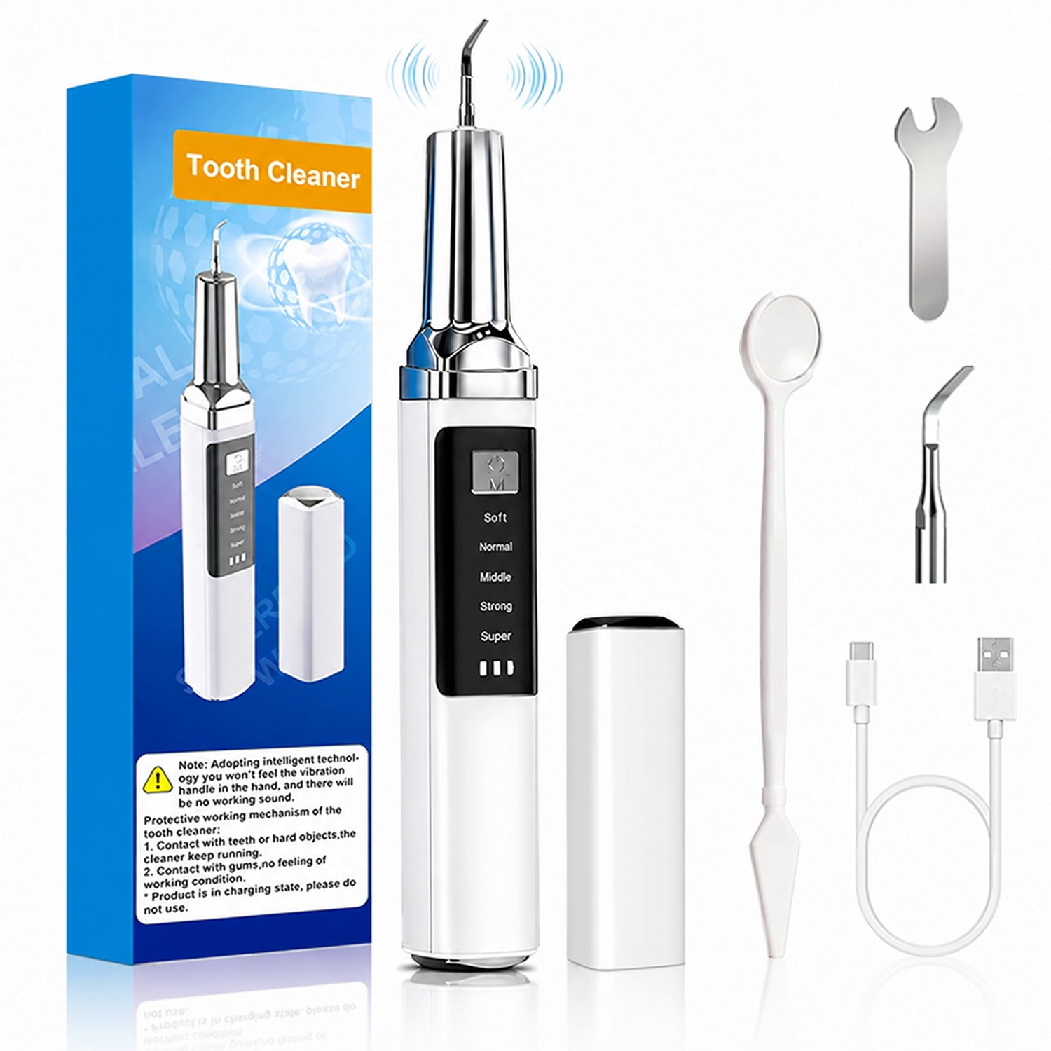 New Plaque Cleaner for Teeth, 5‑Speed Adjustable Oral Stain Remover with LED Light, 2 Replaceable Heads, , Rechargeable Teeth Cleaner for Home & Travel Use