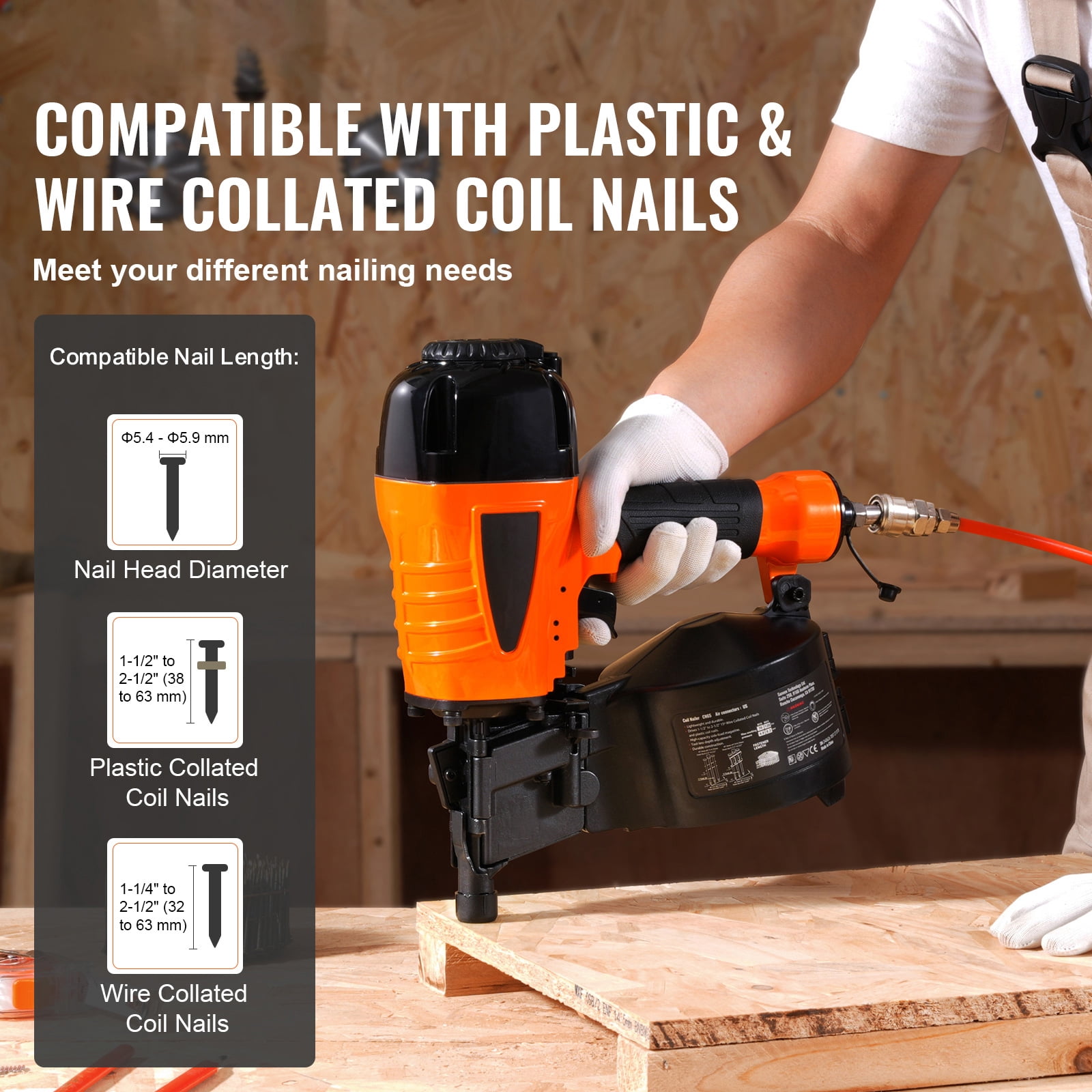 KFFKFF Pneumatic Coil Siding Nailer CN65, Air-Powered Nail Gun with Adjustable Depth Control 70-120 PSI for Siding
