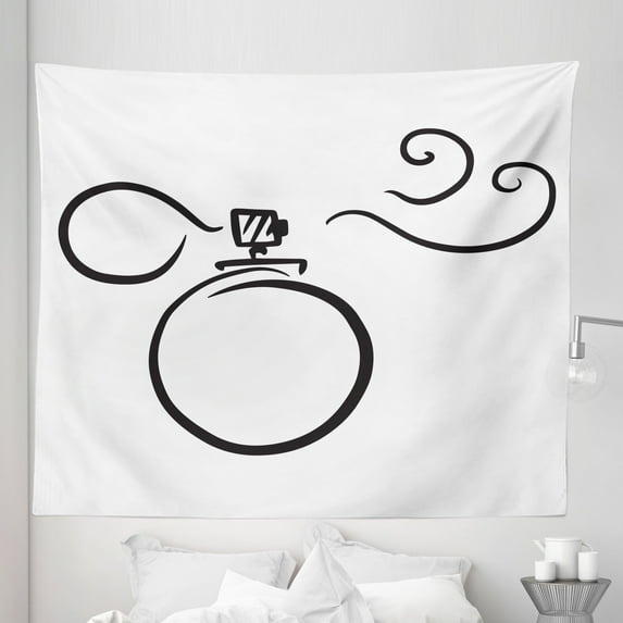 Perfume Tapestry, Vintage Sketch of the Spraying Bottle Monochrome Style of Illustration, Fabric Wall Hanging Decor for Bedroom Living Room Dorm, 5 Sizes, White and Charcoal Grey, by Ambesonne