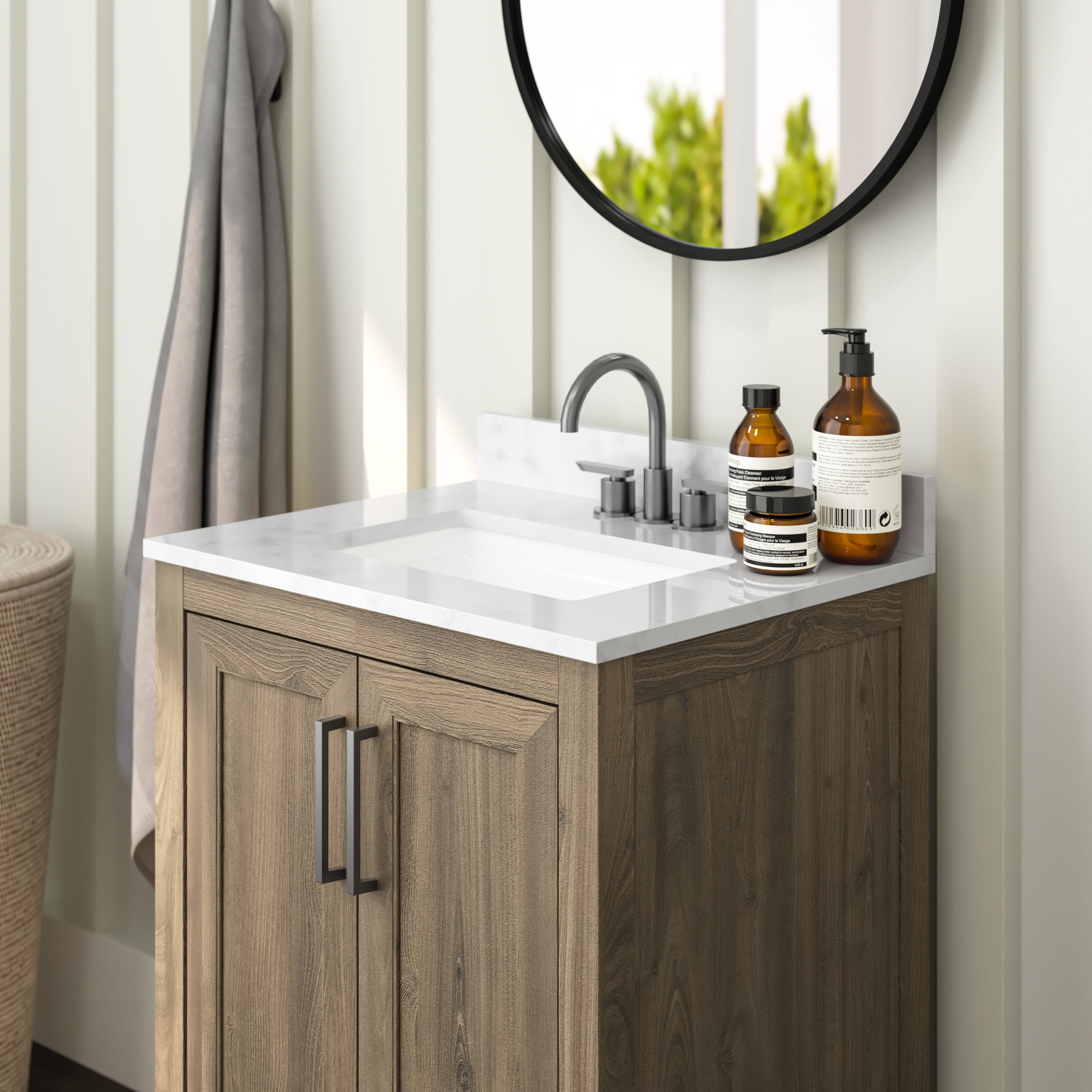 Merrick Lane 24 Inch Bathroom Vanity with Ceramic Sink, Carrara Marble Finish Countertop, Storage Cabinet with Soft Close Doors and Open Shelf in Brown