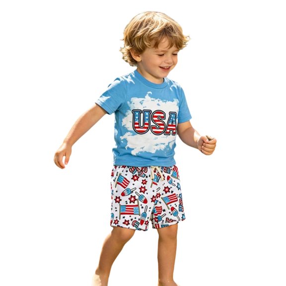 JAJAHO Toddler Boys Summer Outfits American Flag Print Short Sleeve T Shirts And Shorts 2 Piece Independence Day Set 0-4Y Comfy Outfit